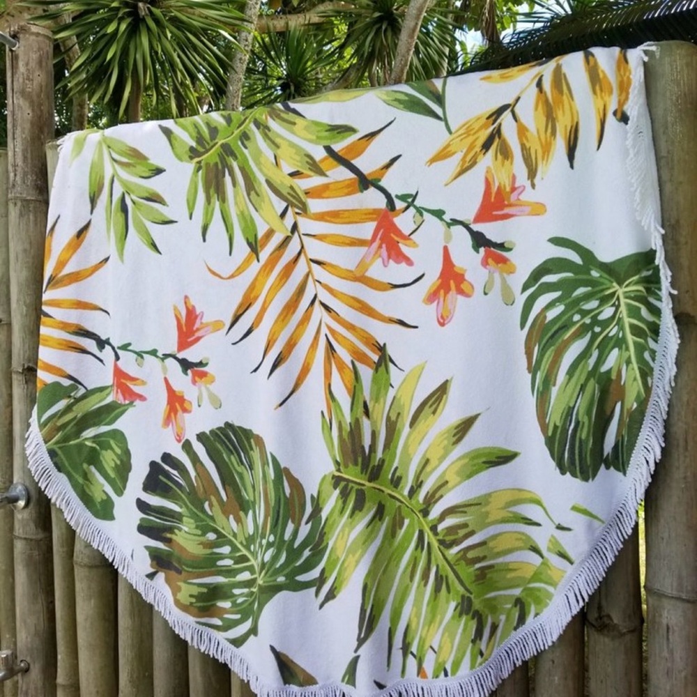 Round Tropical Beach Picnic Blanket Textile / Prim Botanicals 60” Diameter Decor